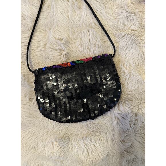 Vintage Multicolor Sequin Clutch Purse 8” Evening Bag Black Cord Strap Preowned - Picture 6 of 8